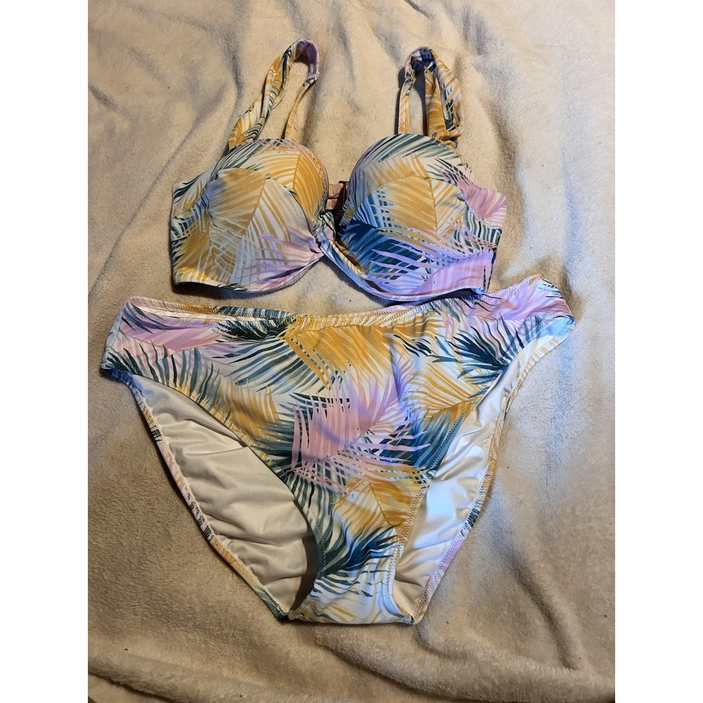 Shade & Shore Bikini Set 36C Large Tropical Palm Print Underwire Swim Suit